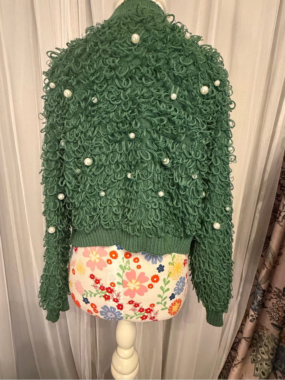 Mighty Fine Green Loop-Knit Cardigan with Pearl Accents - Picture 4 of 8